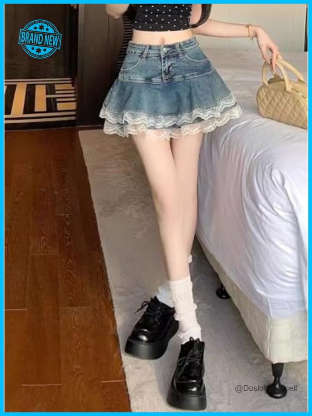 High Waist Denim Lace Mini Skirt A-Line Ruffle Y2K Kawaii Streetwear - Picture 4 of 6